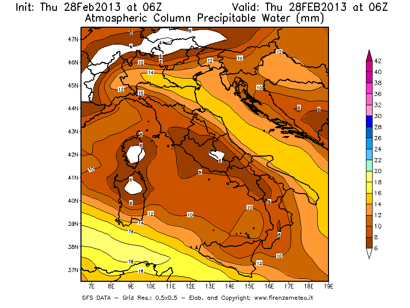 Mappa di analisi GFS - Precipitable Water [mm] in Italia
									del 28/02/2013 06 <!--googleoff: index-->UTC<!--googleon: index-->