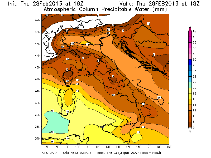 Mappa di analisi GFS - Precipitable Water [mm] in Italia
							del 28/02/2013 18 <!--googleoff: index-->UTC<!--googleon: index-->
