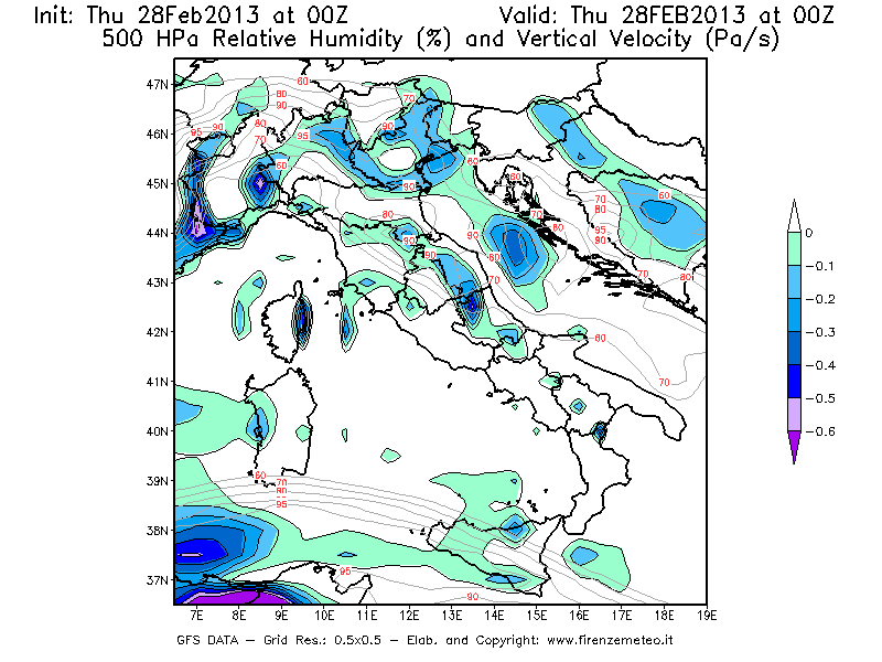 Mappa di analisi GFS - Umidità relativa [%] e Omega [Pa/s] a 500 hPa in Italia
							del 28/02/2013 00 <!--googleoff: index-->UTC<!--googleon: index-->