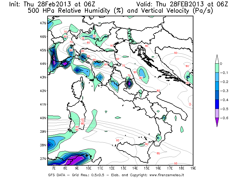 Mappa di analisi GFS - Umidità relativa [%] e Omega [Pa/s] a 500 hPa in Italia
							del 28/02/2013 06 <!--googleoff: index-->UTC<!--googleon: index-->