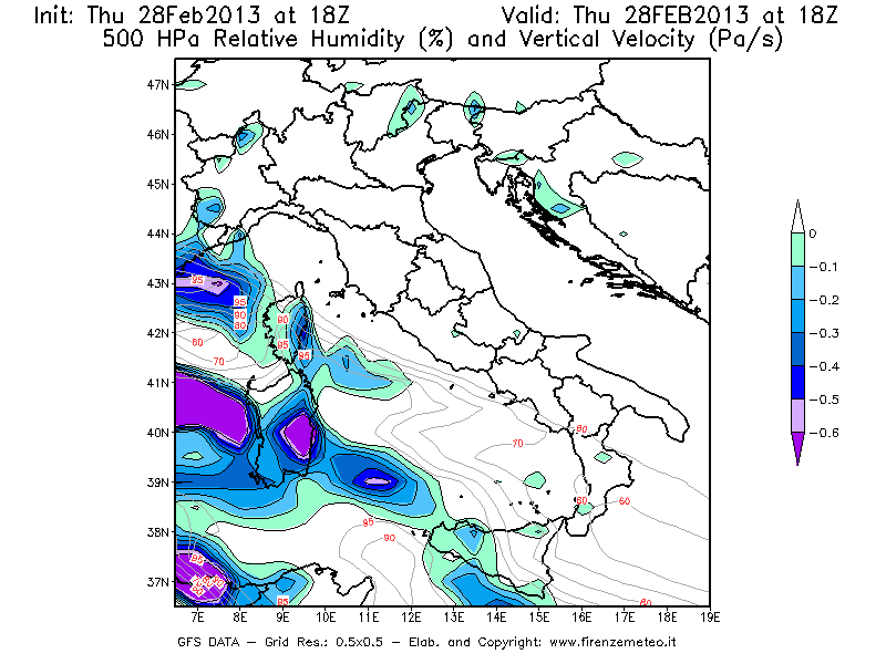Mappa di analisi GFS - Umidità relativa [%] e Omega [Pa/s] a 500 hPa in Italia
									del 28/02/2013 18 <!--googleoff: index-->UTC<!--googleon: index-->