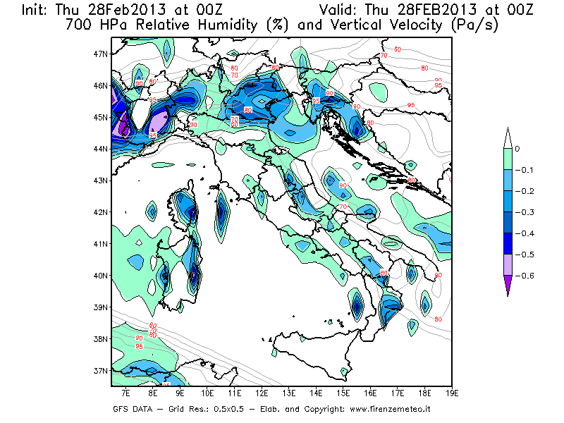 Mappa di analisi GFS - Umidità relativa [%] e Omega [Pa/s] a 700 hPa in Italia
							del 28/02/2013 00 <!--googleoff: index-->UTC<!--googleon: index-->