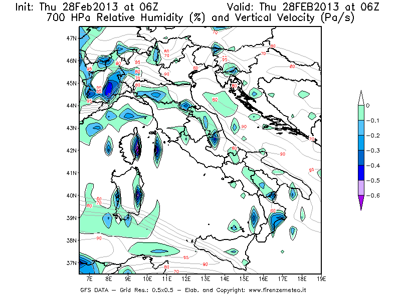 Mappa di analisi GFS - Umidità relativa [%] e Omega [Pa/s] a 700 hPa in Italia
							del 28/02/2013 06 <!--googleoff: index-->UTC<!--googleon: index-->