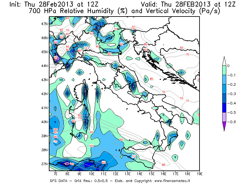 Mappa di analisi GFS - Umidità relativa [%] e Omega [Pa/s] a 700 hPa in Italia
									del 28/02/2013 12 <!--googleoff: index-->UTC<!--googleon: index-->