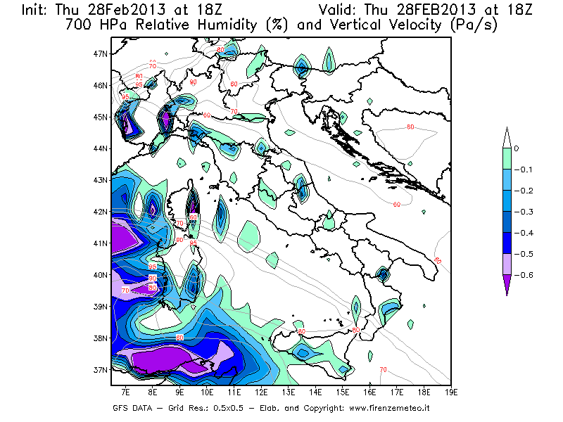 Mappa di analisi GFS - Umidità relativa [%] e Omega [Pa/s] a 700 hPa in Italia
									del 28/02/2013 18 <!--googleoff: index-->UTC<!--googleon: index-->