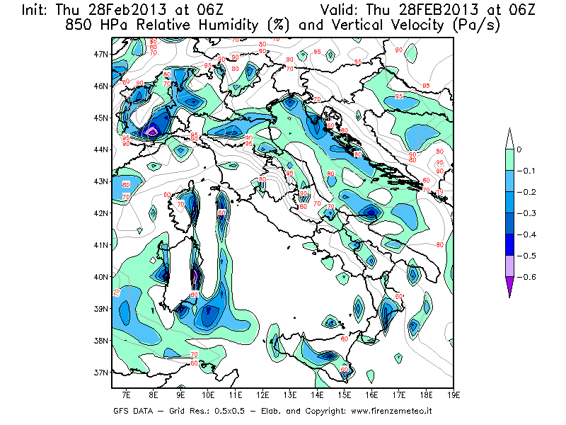 Mappa di analisi GFS - Umidità relativa [%] e Omega [Pa/s] a 850 hPa in Italia
									del 28/02/2013 06 <!--googleoff: index-->UTC<!--googleon: index-->