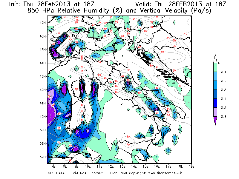 Mappa di analisi GFS - Umidità relativa [%] e Omega [Pa/s] a 850 hPa in Italia
							del 28/02/2013 18 <!--googleoff: index-->UTC<!--googleon: index-->