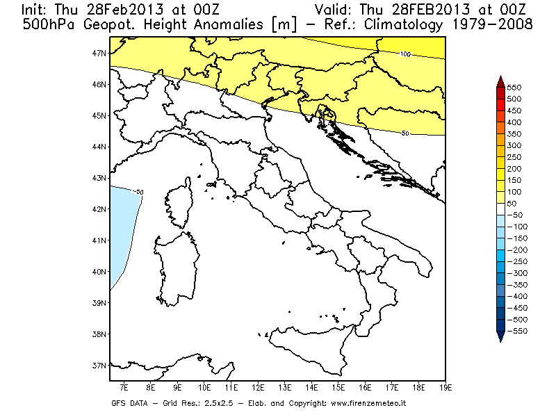 Mappa di analisi GFS - Anomalia di Geopotenziale a 500 hPa in Italia
							del 28/02/2013 00 <!--googleoff: index-->UTC<!--googleon: index-->