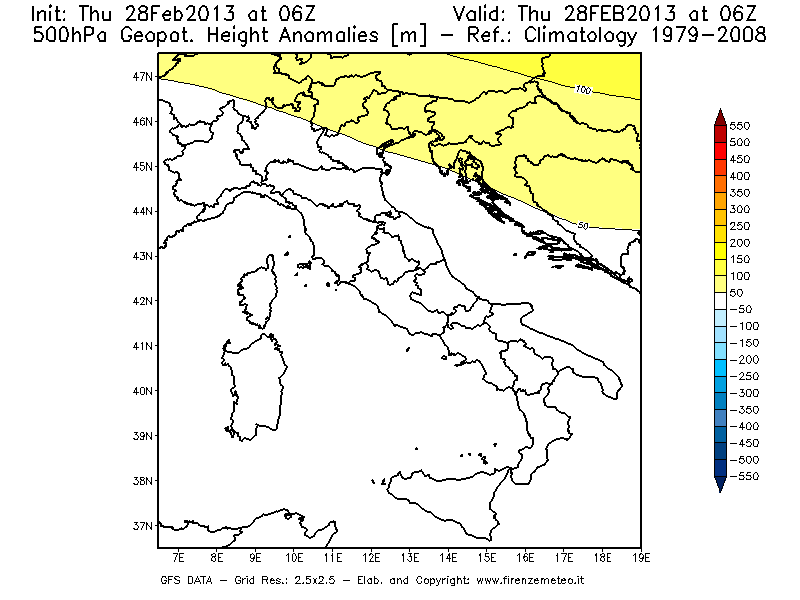 Mappa di analisi GFS - Anomalia di Geopotenziale a 500 hPa in Italia
									del 28/02/2013 06 <!--googleoff: index-->UTC<!--googleon: index-->