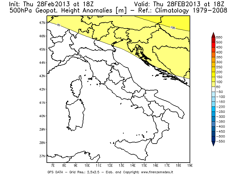 Mappa di analisi GFS - Anomalia di Geopotenziale a 500 hPa in Italia
									del 28/02/2013 18 <!--googleoff: index-->UTC<!--googleon: index-->