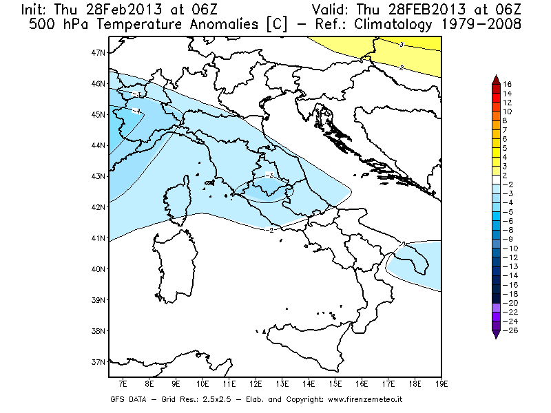 Mappa di analisi GFS - Anomalia Temperatura [°C] a 500 hPa in Italia
							del 28/02/2013 06 <!--googleoff: index-->UTC<!--googleon: index-->