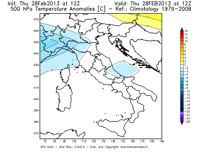 Mappa di analisi GFS - Anomalia Temperatura [°C] a 500 hPa in Italia
							del 28/02/2013 12 <!--googleoff: index-->UTC<!--googleon: index-->