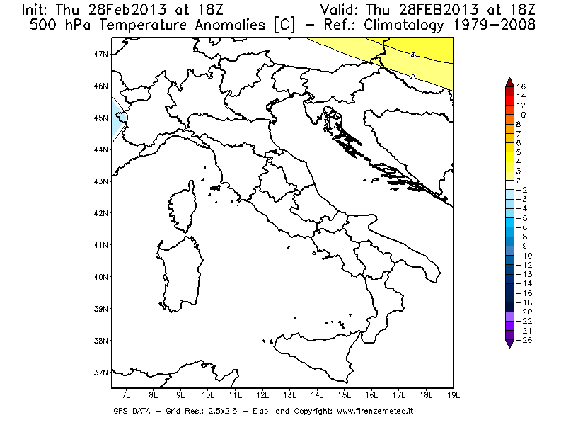 Mappa di analisi GFS - Anomalia Temperatura [°C] a 500 hPa in Italia
									del 28/02/2013 18 <!--googleoff: index-->UTC<!--googleon: index-->