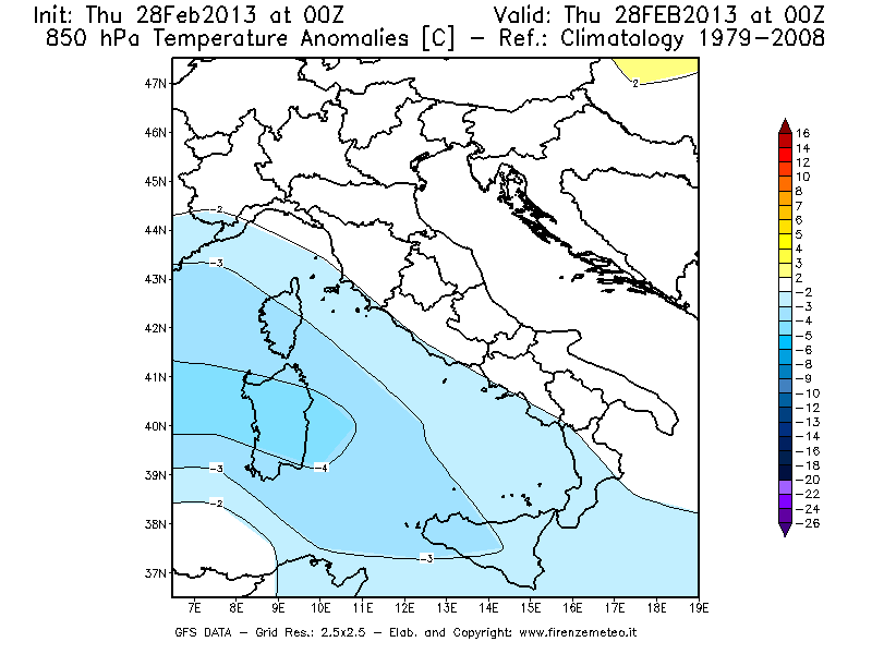 Mappa di analisi GFS - Anomalia Temperatura [°C] a 850 hPa in Italia
							del 28/02/2013 00 <!--googleoff: index-->UTC<!--googleon: index-->