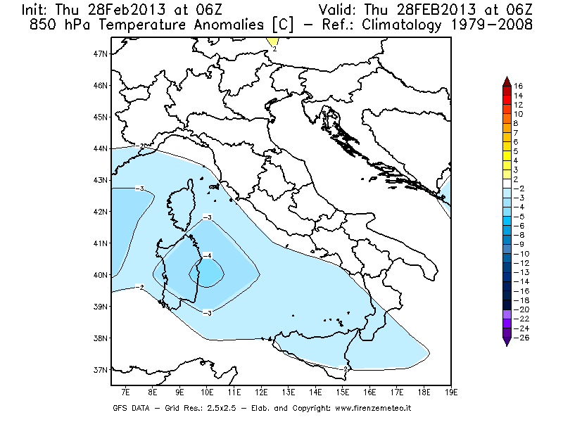 Mappa di analisi GFS - Anomalia Temperatura [°C] a 850 hPa in Italia
									del 28/02/2013 06 <!--googleoff: index-->UTC<!--googleon: index-->