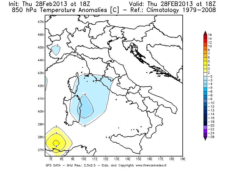 Mappa di analisi GFS - Anomalia Temperatura [°C] a 850 hPa in Italia
							del 28/02/2013 18 <!--googleoff: index-->UTC<!--googleon: index-->