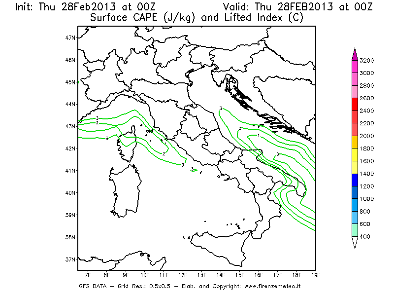 Mappa di analisi GFS - CAPE [J/kg] e Lifted Index [°C] in Italia
									del 28/02/2013 00 <!--googleoff: index-->UTC<!--googleon: index-->