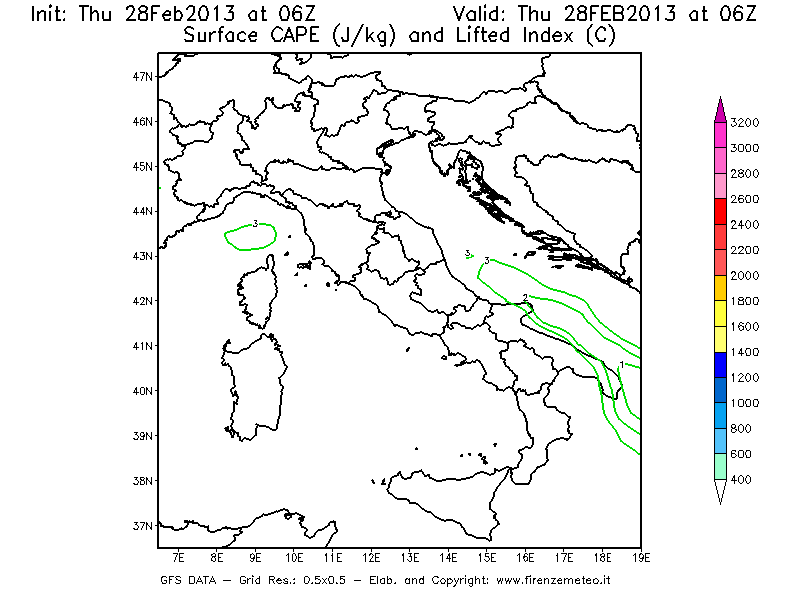 Mappa di analisi GFS - CAPE [J/kg] e Lifted Index [°C] in Italia
									del 28/02/2013 06 <!--googleoff: index-->UTC<!--googleon: index-->