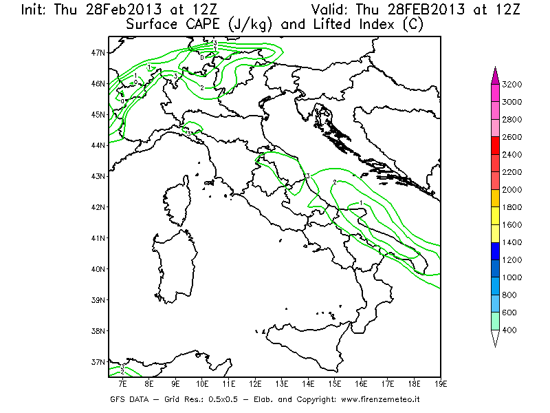 Mappa di analisi GFS - CAPE [J/kg] e Lifted Index [°C] in Italia
									del 28/02/2013 12 <!--googleoff: index-->UTC<!--googleon: index-->