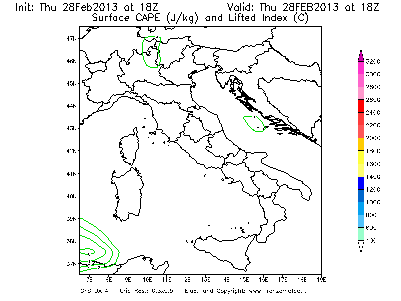 Mappa di analisi GFS - CAPE [J/kg] e Lifted Index [°C] in Italia
							del 28/02/2013 18 <!--googleoff: index-->UTC<!--googleon: index-->