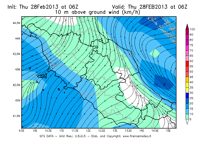 Mappa di analisi GFS - Velocità del vento a 10 metri dal suolo [km/h] in Centro-Italia
									del 28/02/2013 06 <!--googleoff: index-->UTC<!--googleon: index-->