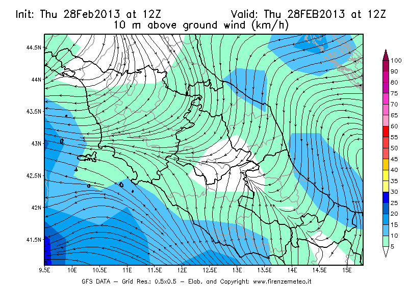 Mappa di analisi GFS - Velocità del vento a 10 metri dal suolo [km/h] in Centro-Italia
									del 28/02/2013 12 <!--googleoff: index-->UTC<!--googleon: index-->
