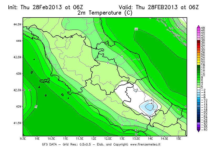 Mappa di analisi GFS - Temperatura a 2 metri dal suolo [°C] in Centro-Italia
							del 28/02/2013 06 <!--googleoff: index-->UTC<!--googleon: index-->