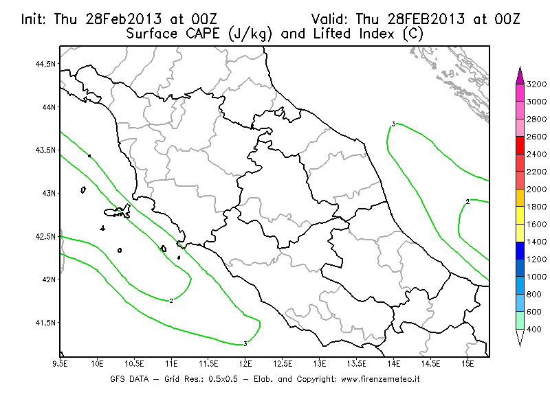 Mappa di analisi GFS - CAPE [J/kg] e Lifted Index [°C] in Centro-Italia
							del 28/02/2013 00 <!--googleoff: index-->UTC<!--googleon: index-->