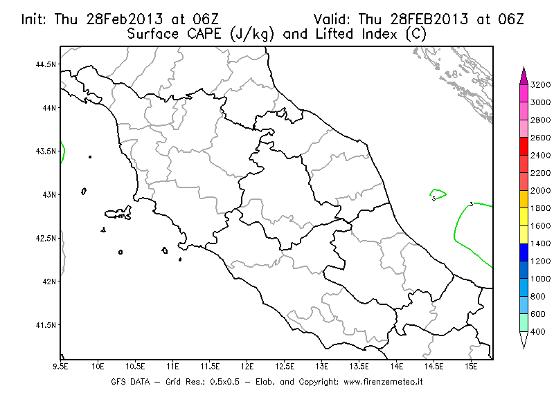 Mappa di analisi GFS - CAPE [J/kg] e Lifted Index [°C] in Centro-Italia
									del 28/02/2013 06 <!--googleoff: index-->UTC<!--googleon: index-->