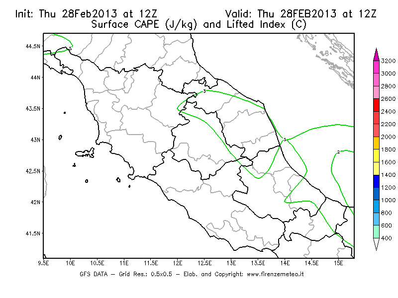 Mappa di analisi GFS - CAPE [J/kg] e Lifted Index [°C] in Centro-Italia
									del 28/02/2013 12 <!--googleoff: index-->UTC<!--googleon: index-->