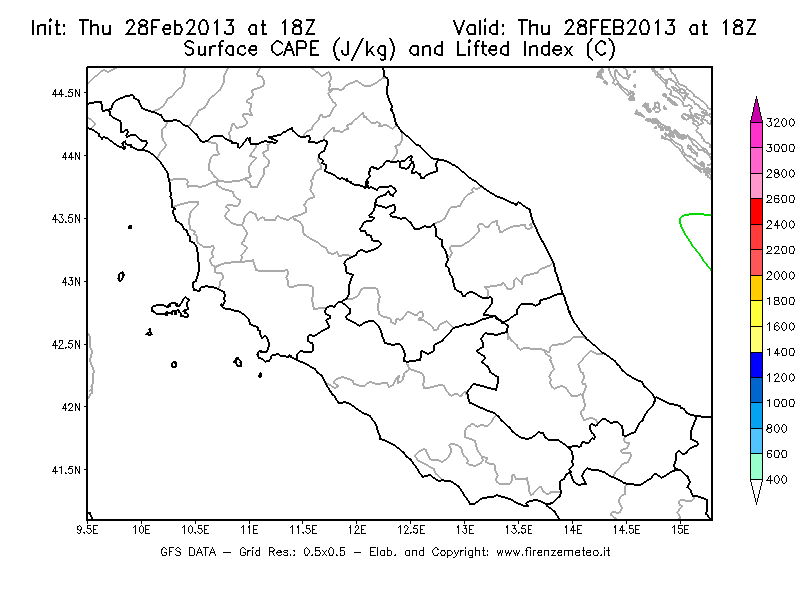 Mappa di analisi GFS - CAPE [J/kg] e Lifted Index [°C] in Centro-Italia
							del 28/02/2013 18 <!--googleoff: index-->UTC<!--googleon: index-->