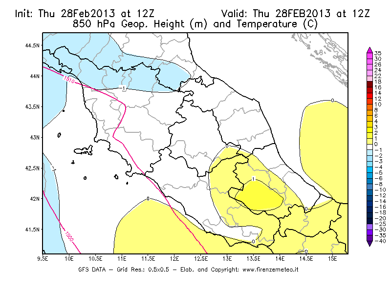 Mappa di analisi GFS - Geopotenziale [m] e Temperatura [°C] a 850 hPa in Centro-Italia
									del 28/02/2013 12 <!--googleoff: index-->UTC<!--googleon: index-->