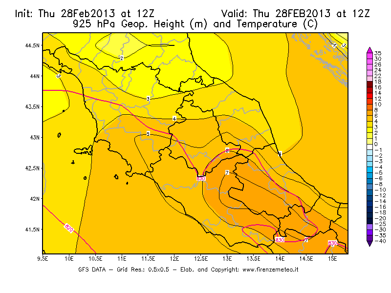 Mappa di analisi GFS - Geopotenziale [m] e Temperatura [°C] a 925 hPa in Centro-Italia
							del 28/02/2013 12 <!--googleoff: index-->UTC<!--googleon: index-->
