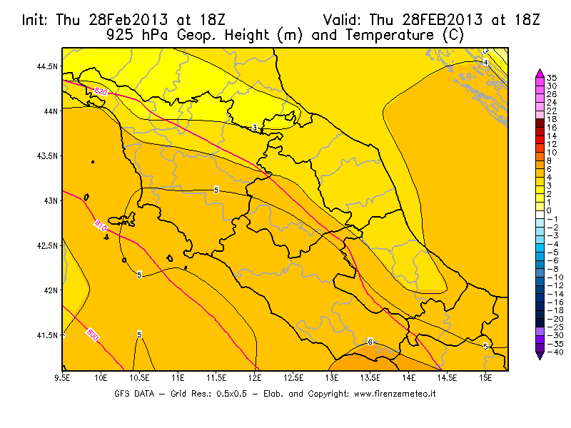 Mappa di analisi GFS - Geopotenziale [m] e Temperatura [°C] a 925 hPa in Centro-Italia
									del 28/02/2013 18 <!--googleoff: index-->UTC<!--googleon: index-->