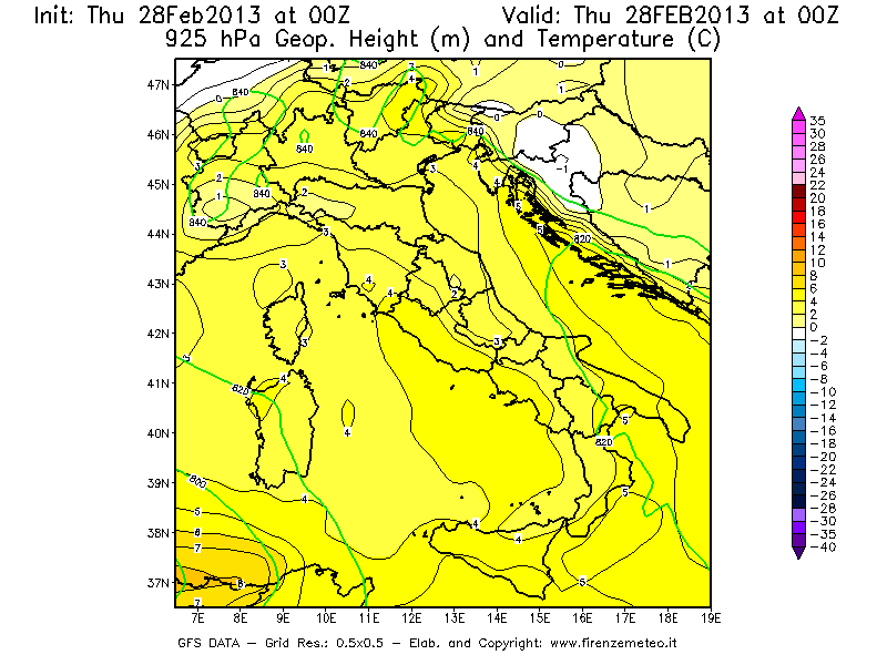 Mappa di analisi GFS - Geopotenziale [m] e Temperatura [°C] a 925 hPa in Italia
									del 28/02/2013 00 <!--googleoff: index-->UTC<!--googleon: index-->
