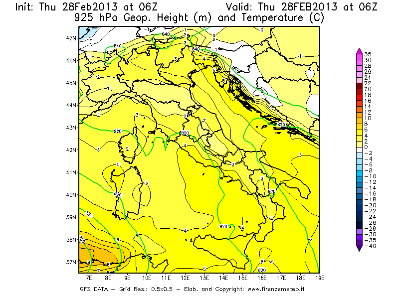 Mappa di analisi GFS - Geopotenziale [m] e Temperatura [°C] a 925 hPa in Italia
									del 28/02/2013 06 <!--googleoff: index-->UTC<!--googleon: index-->