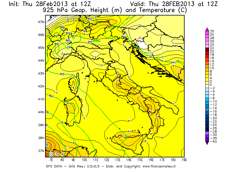 Mappa di analisi GFS - Geopotenziale [m] e Temperatura [°C] a 925 hPa in Italia
							del 28/02/2013 12 <!--googleoff: index-->UTC<!--googleon: index-->