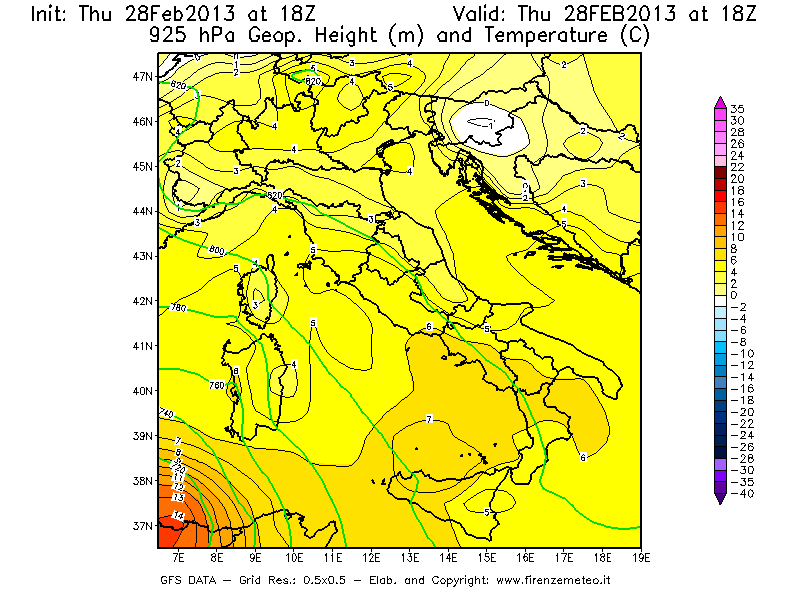 Mappa di analisi GFS - Geopotenziale [m] e Temperatura [°C] a 925 hPa in Italia
									del 28/02/2013 18 <!--googleoff: index-->UTC<!--googleon: index-->
