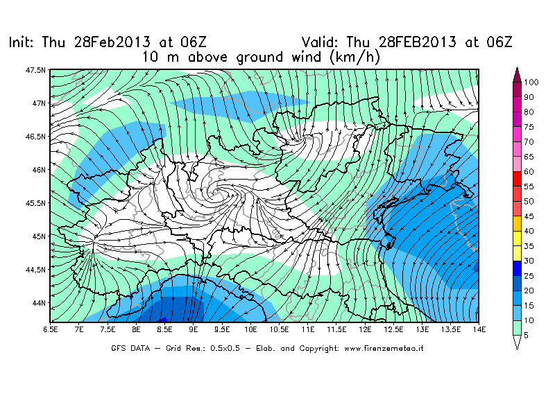 Mappa di analisi GFS - Velocità del vento a 10 metri dal suolo [km/h] in Nord-Italia
									del 28/02/2013 06 <!--googleoff: index-->UTC<!--googleon: index-->