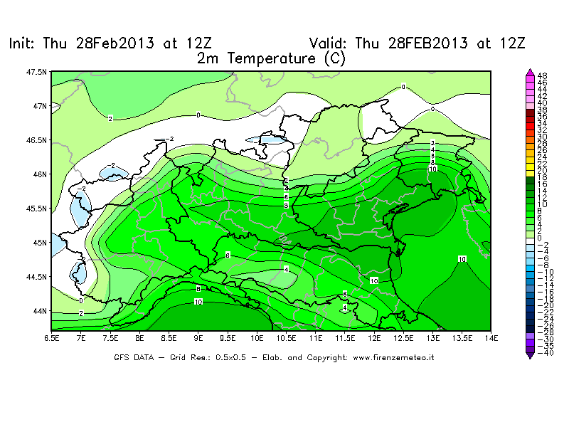 Mappa di analisi GFS - Temperatura a 2 metri dal suolo [°C] in Nord-Italia
							del 28/02/2013 12 <!--googleoff: index-->UTC<!--googleon: index-->