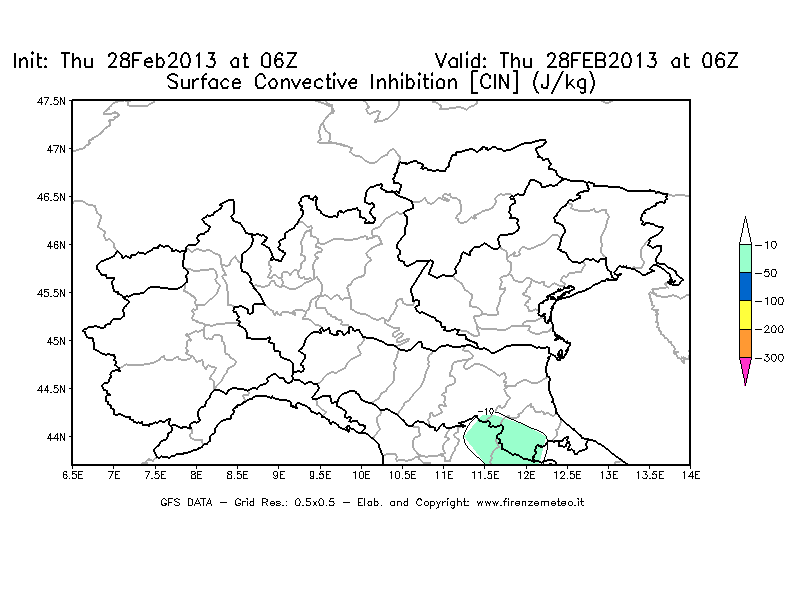 Mappa di analisi GFS - CIN [J/kg] in Nord-Italia
									del 28/02/2013 06 <!--googleoff: index-->UTC<!--googleon: index-->
