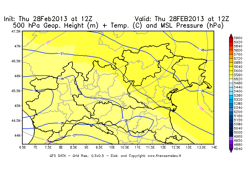 Mappa di analisi GFS - Geopotenziale [m] + Temp. [°C] a 500 hPa + Press. a livello del mare [hPa] in Nord-Italia
							del 28/02/2013 12 <!--googleoff: index-->UTC<!--googleon: index-->