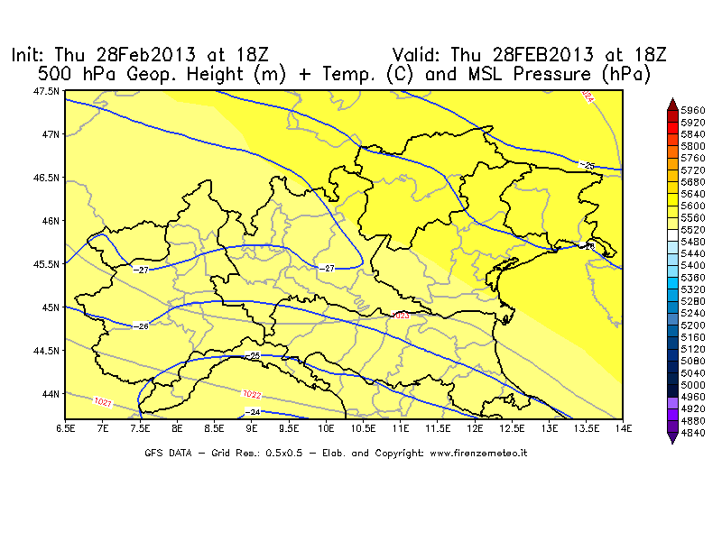 Mappa di analisi GFS - Geopotenziale [m] + Temp. [°C] a 500 hPa + Press. a livello del mare [hPa] in Nord-Italia
							del 28/02/2013 18 <!--googleoff: index-->UTC<!--googleon: index-->