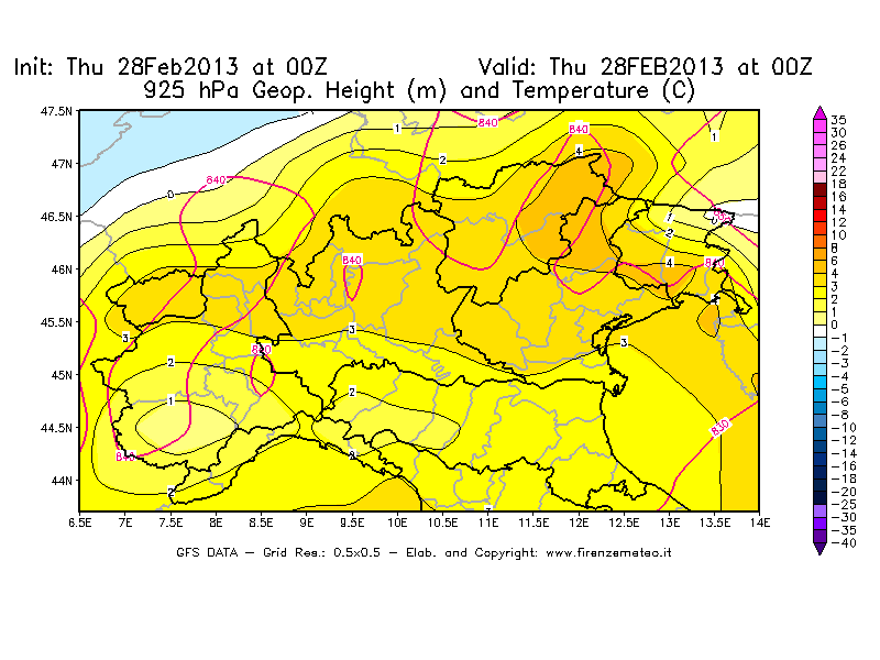 Mappa di analisi GFS - Geopotenziale [m] e Temperatura [°C] a 925 hPa in Nord-Italia
									del 28/02/2013 00 <!--googleoff: index-->UTC<!--googleon: index-->