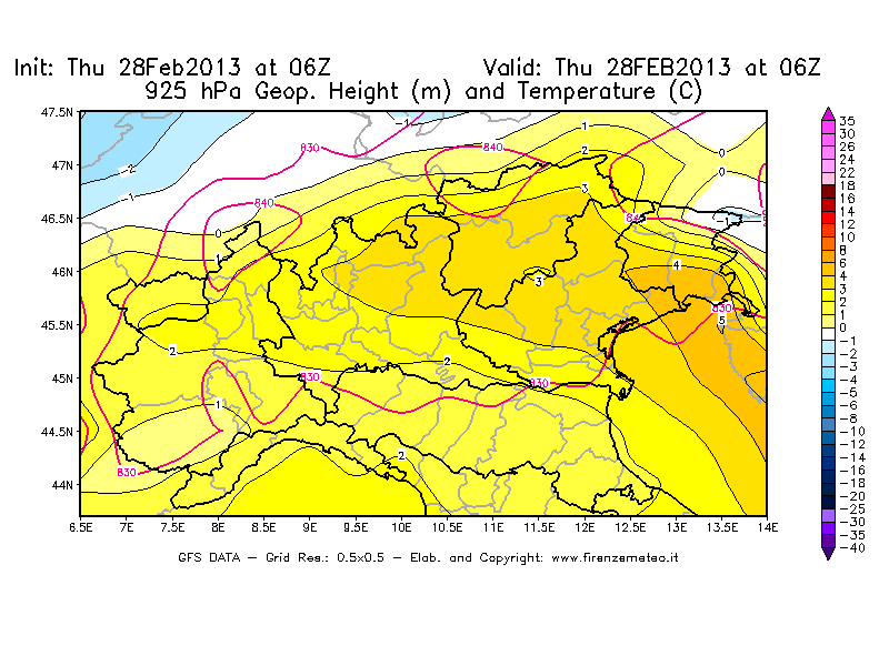 Mappa di analisi GFS - Geopotenziale [m] e Temperatura [°C] a 925 hPa in Nord-Italia
									del 28/02/2013 06 <!--googleoff: index-->UTC<!--googleon: index-->