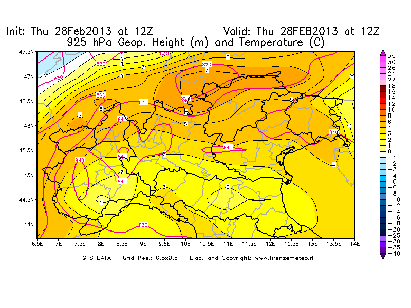 Mappa di analisi GFS - Geopotenziale [m] e Temperatura [°C] a 925 hPa in Nord-Italia
									del 28/02/2013 12 <!--googleoff: index-->UTC<!--googleon: index-->