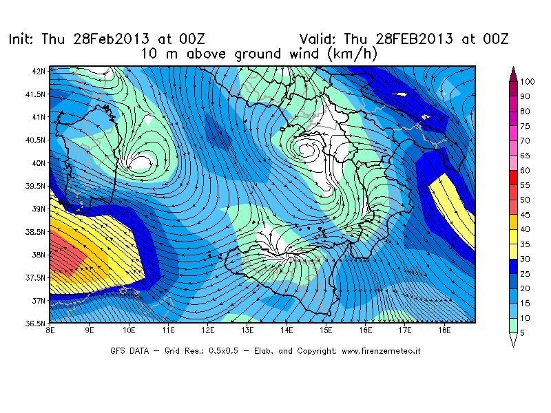 Mappa di analisi GFS - Velocità del vento a 10 metri dal suolo [km/h] in Sud-Italia
							del 28/02/2013 00 <!--googleoff: index-->UTC<!--googleon: index-->