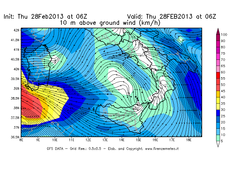 Mappa di analisi GFS - Velocità del vento a 10 metri dal suolo [km/h] in Sud-Italia
							del 28/02/2013 06 <!--googleoff: index-->UTC<!--googleon: index-->