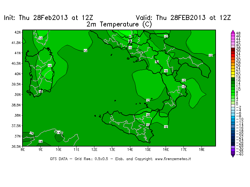 Mappa di analisi GFS - Temperatura a 2 metri dal suolo [°C] in Sud-Italia
							del 28/02/2013 12 <!--googleoff: index-->UTC<!--googleon: index-->
