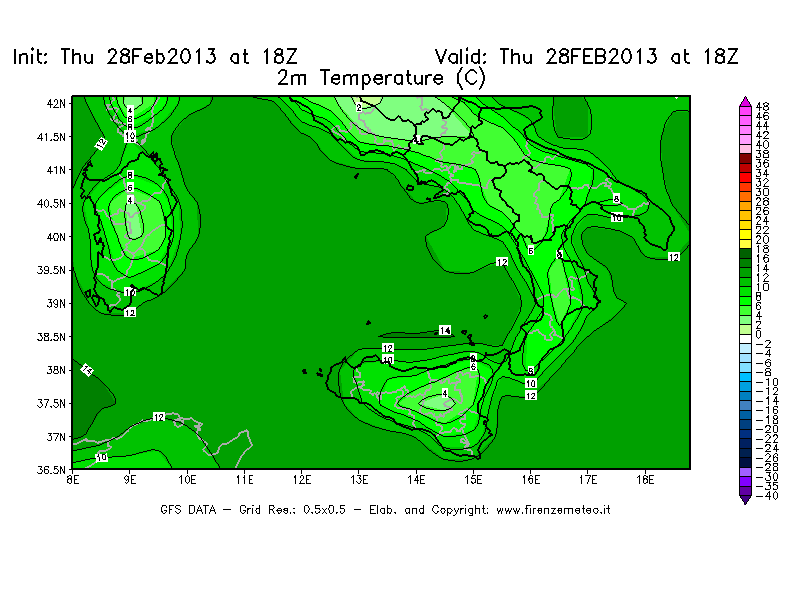 Mappa di analisi GFS - Temperatura a 2 metri dal suolo [°C] in Sud-Italia
							del 28/02/2013 18 <!--googleoff: index-->UTC<!--googleon: index-->